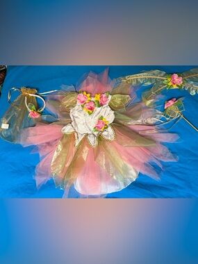 NWOT Fairy Dust Pink/Gold Floral Fairy Tutu Costume w/Wand, Headband , Wings